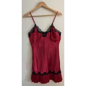 Vintage 90s Nightgown Womens S Red Pleated Black Lace Nightgown Satin